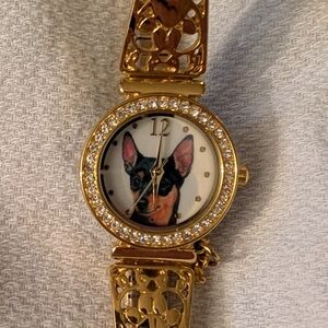 Working Mini Pinscher Gold Watch with Dog Design and Crystals